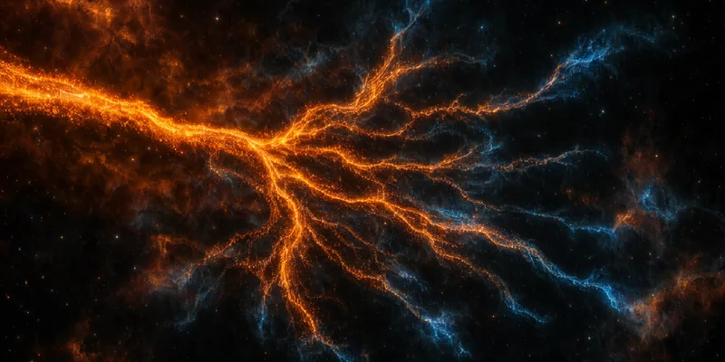 A bright orange river of light splitting into many smaller streams in space