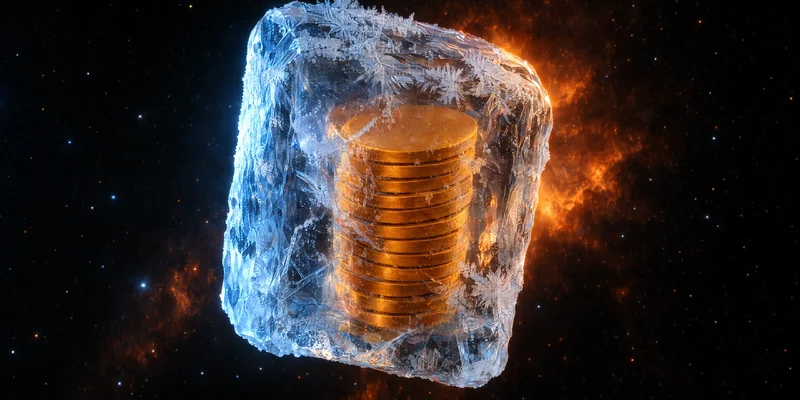 A block of ice in space with a stack of gold coins frozen inside