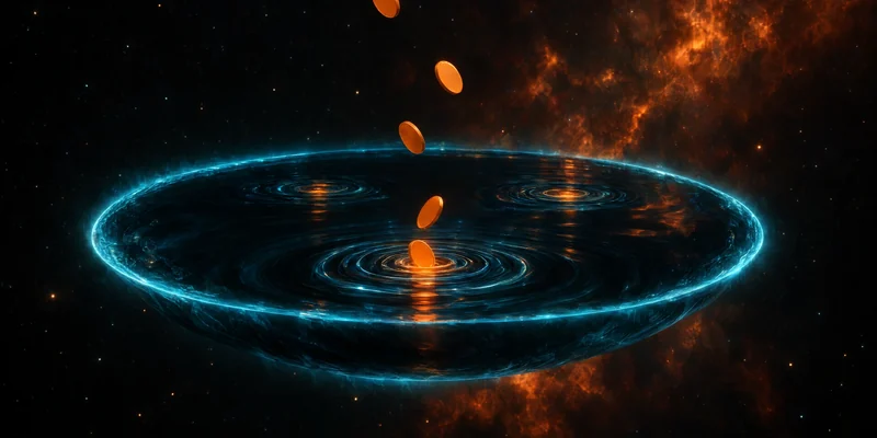 Orange coins falling into a glowing pool of light in space