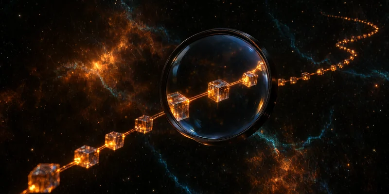 A magnifying lens over a chain of glowing cubes in space
