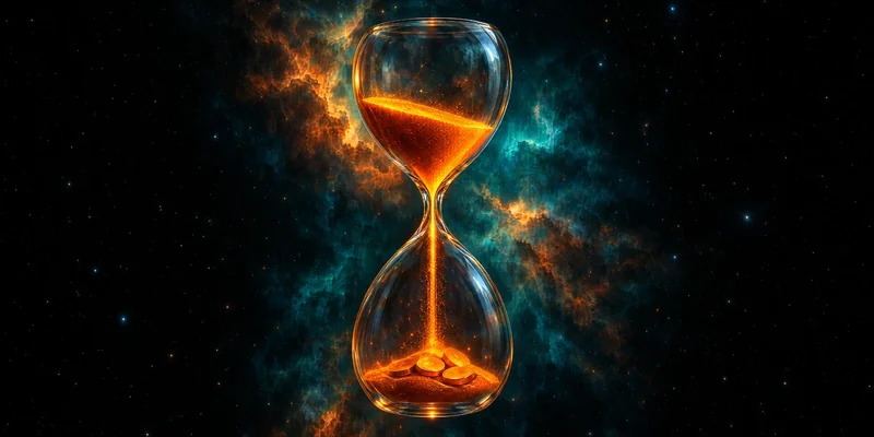 An hourglass of glass in space with glowing orange sand and coins