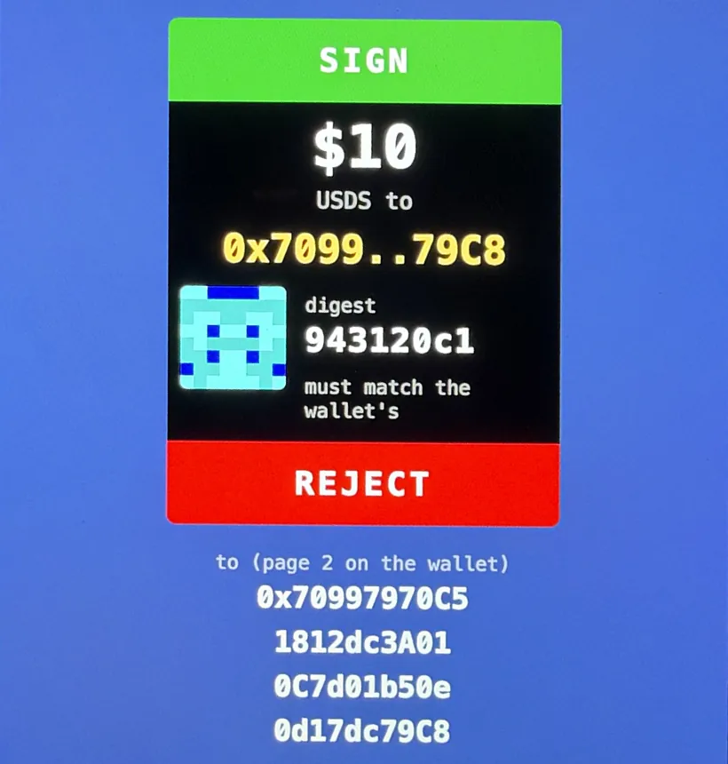 The website's compare panel: SIGN, $10 USDS to 0x7099..79C8, a pixel picture, the digest 943120c1, and the full address in four pieces for page 2 on the wallet