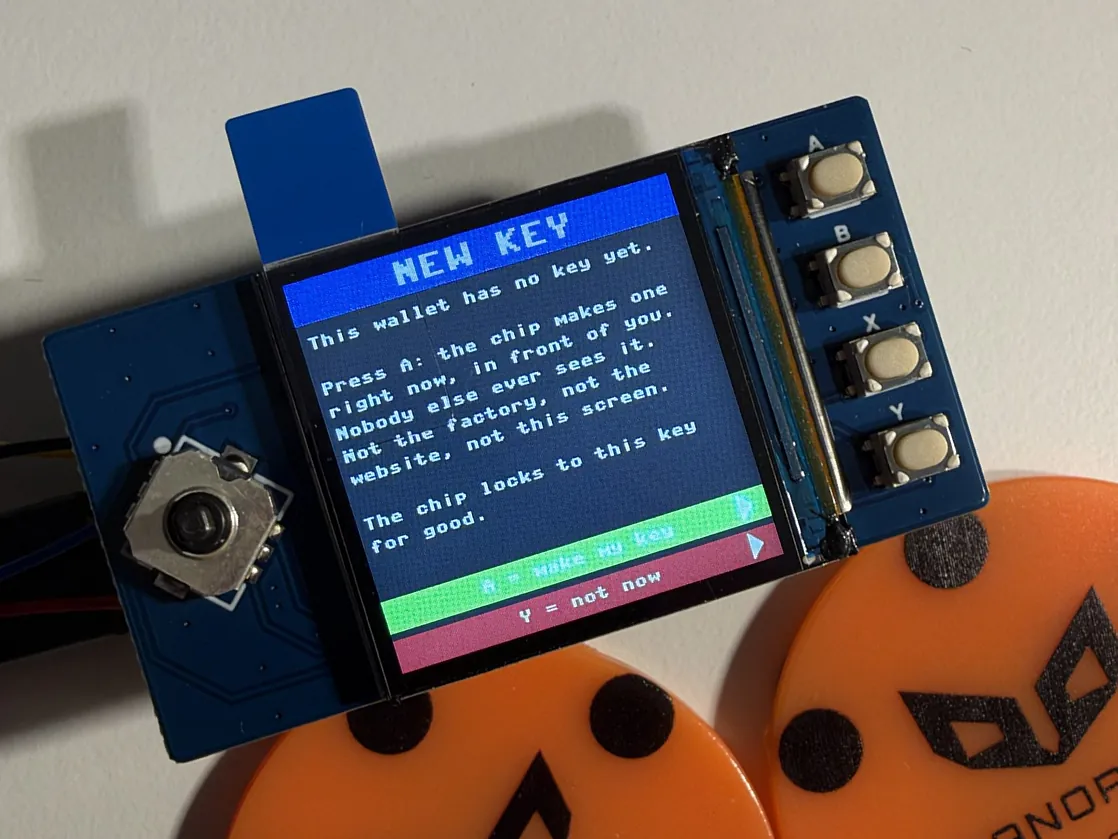 The NEW KEY screen: press A and the chip makes one right now, in front of you