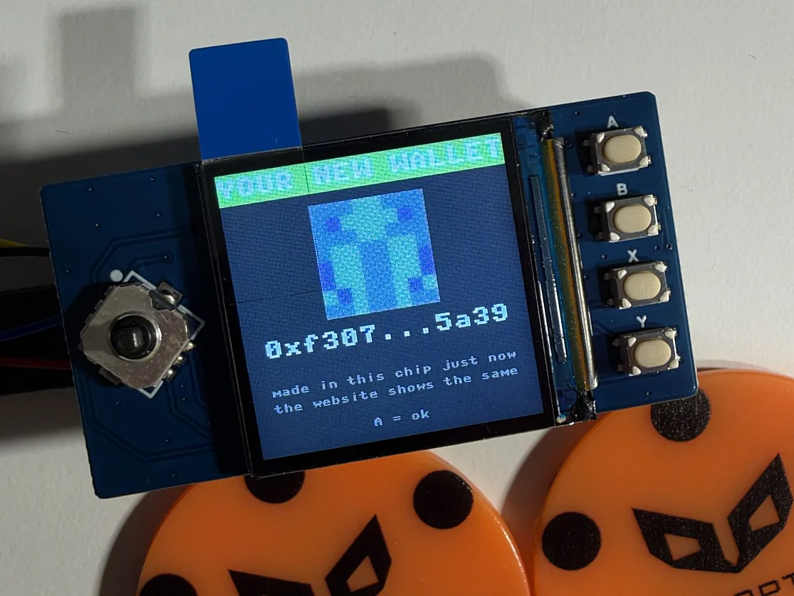 The YOUR NEW WALLET screen with a pixel picture and the address 0xf307...5a39