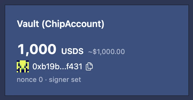 The app's Vault card: 1,000 USDS in the vault 0xb19b...f431, nonce 0, signer set